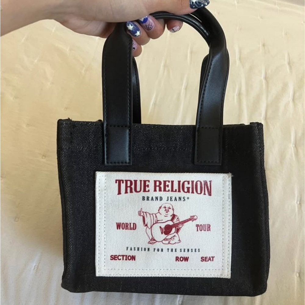 True Religion Black Denim Tote with Detachable strap
